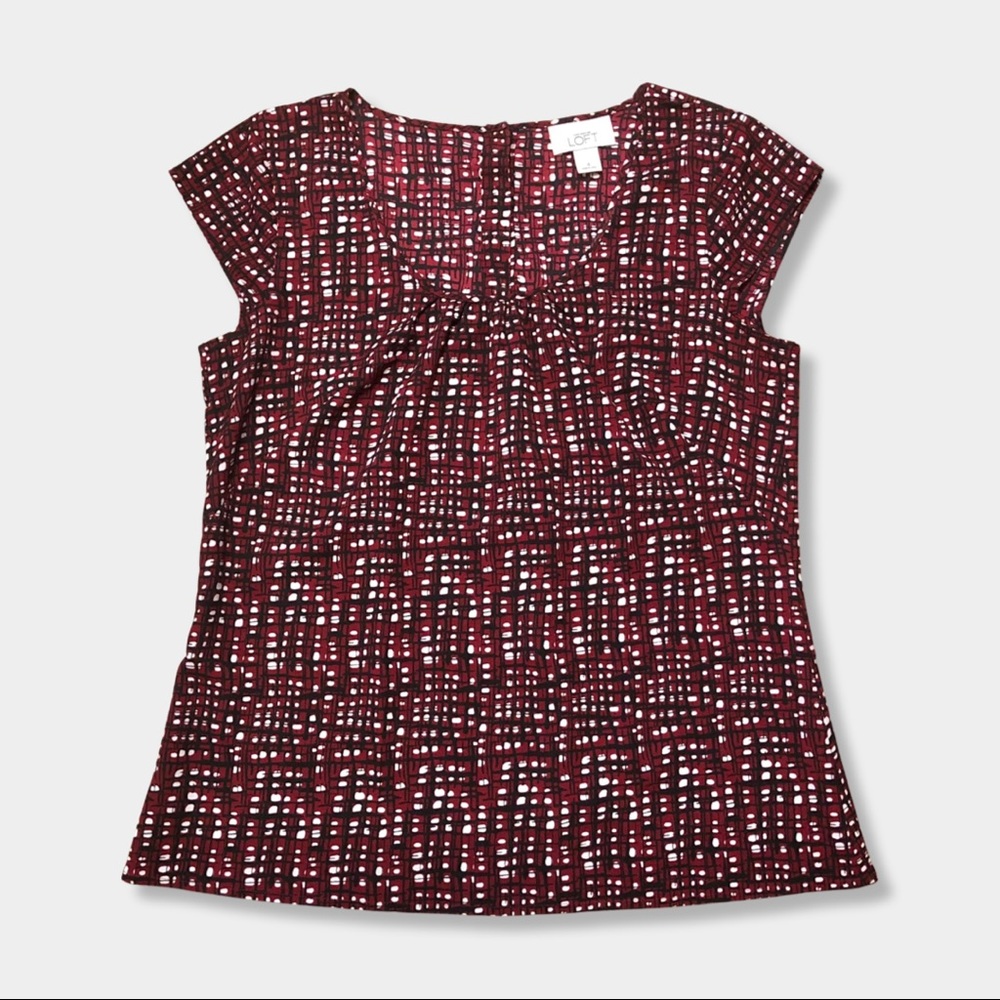 Ann Taylor LOFT Red Black & White Abstract Print Cap Short Sleeve Blouse Top 4 S